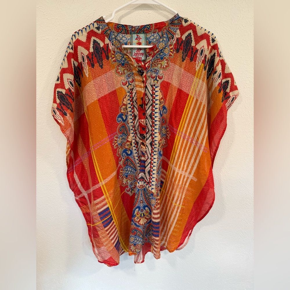 JOHNNY WAS Silk Paisley Poncho Top – Red Orange Multicolor – Size M – EUC